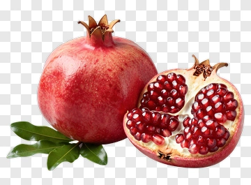 Whole And Halved Pomegranate With Leaf PNG