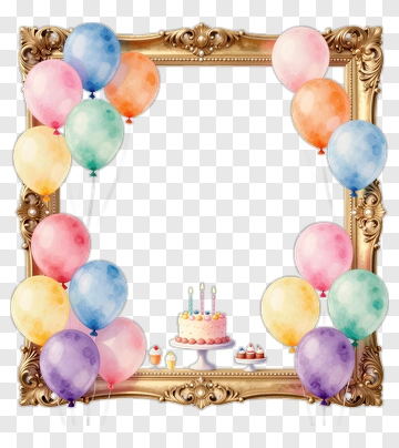 Colorful Balloons And Cake In Ornate Frame PNG