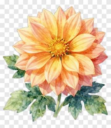 Watercolor Dahlia With Green Leaves PNG