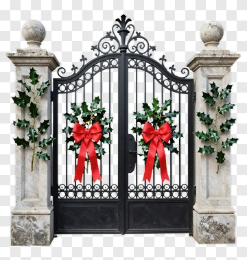Decorated Gate With Holly And Red Bow PNG