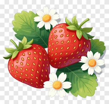 Strawberries With Flowers And Leaves PNG