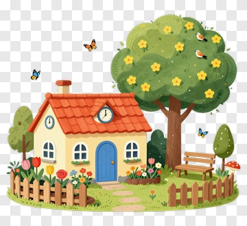 Cozy Cottage With Flowers And Birds PNG