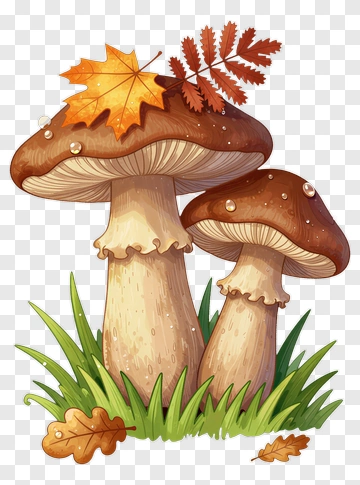 Two Mushrooms With Autumn Leaves PNG