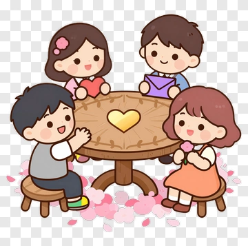Children Gathering Around A Heart Table PNG