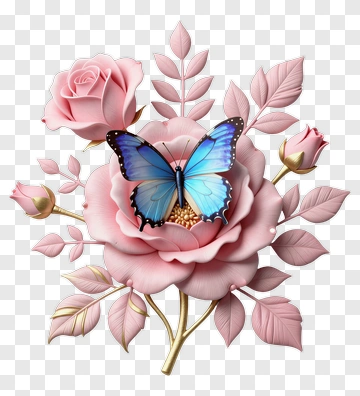 Blue Butterfly On Pink Rose PNG