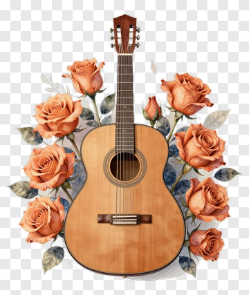 Acoustic Guitar Surrounded By Roses PNG