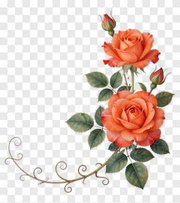 Orchid Roses With Green Leaves And Vine PNG