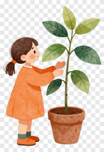 Girl Caring For A Potted Plant PNG