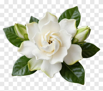 White Gardenia Blossom With Green Leaves PNG