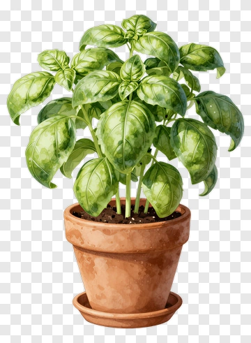 Fresh Basil Plant In Terracotta Pot PNG