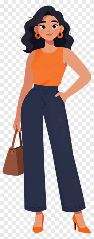 Confident Woman In Orange Top And Blue Pants PNG