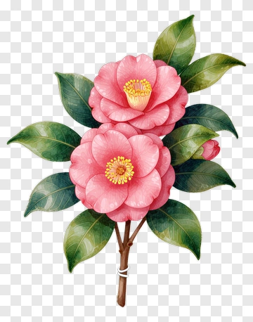 Pink Camellia Blossoms With Green Leaves PNG