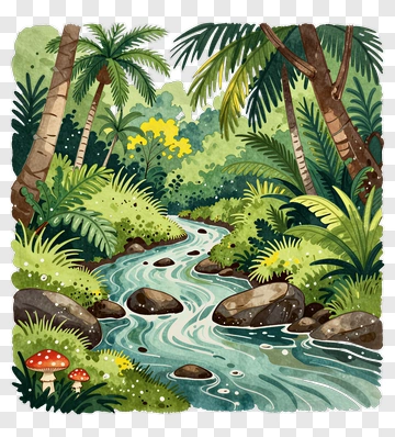 Tropical River In Dense Forest PNG