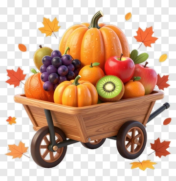 Cartoon Wagon Overflowing With Autumn Fruit PNG