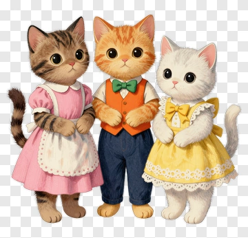 Three Cute Kittens In Outfits PNG