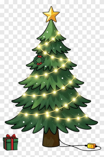 Cartoon Christmas Tree With Lights And Star PNG