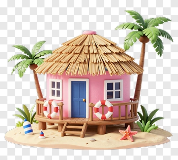 Pink Beach Hut With Palm Trees PNG