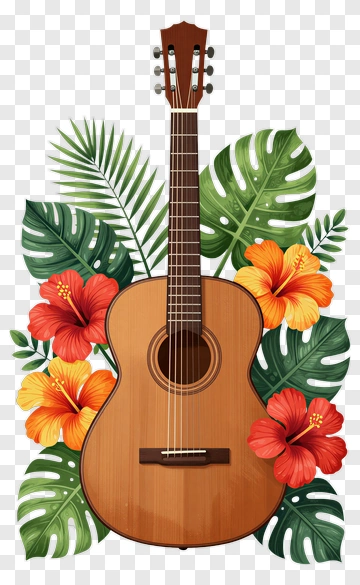 Acoustic Guitar With Tropical Flowers PNG