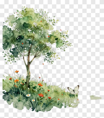 Watercolor Tree With Butterfly And Flowers PNG