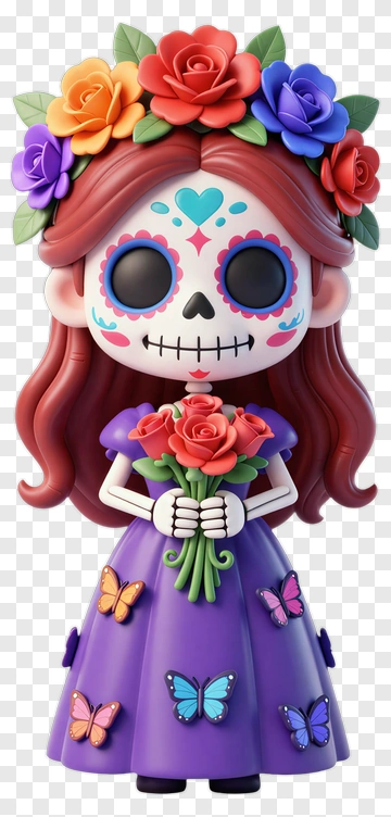 Catrina With Flower Crown And Butterfly Dress PNG