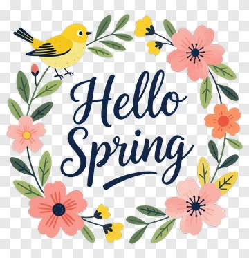 Hello Spring With Bird And Flowers PNG