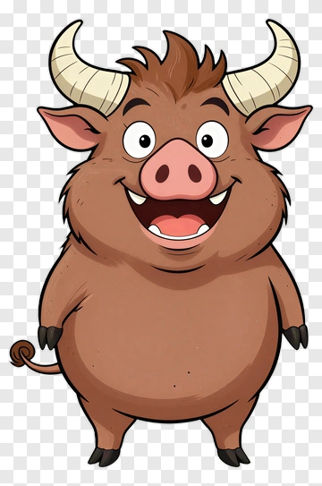 Happy Cartoon Boar With Horns PNG