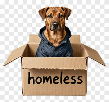 Dog In A Box With Homeless Label PNG