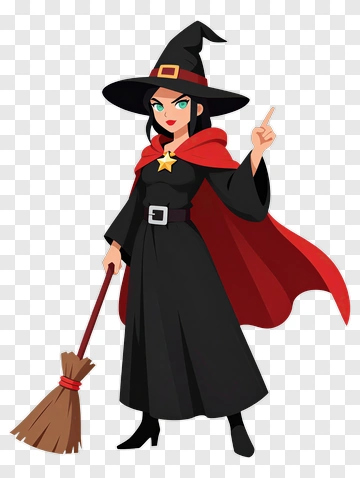 Cartoon Witch With Broom And Cape PNG