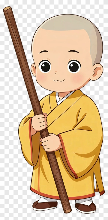 Little Monk Holding Wooden Staff PNG