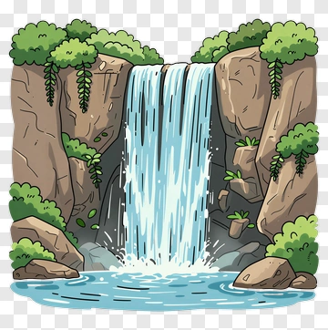Cartoon Waterfall With Rock And Vegetation PNG