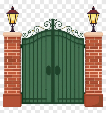 Green Gate With Brick Pillars And Lanterns PNG