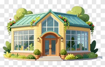 Modern Glass House With Greenery PNG