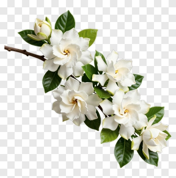 White Flower Branch With Green Leaves PNG