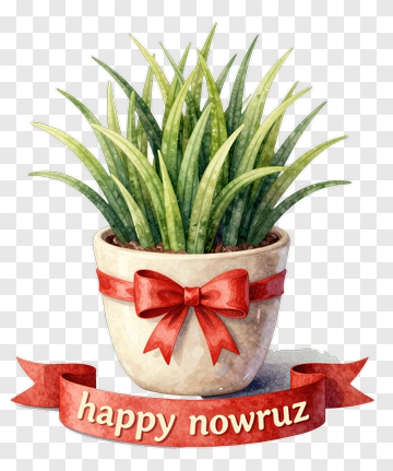 Happy Nowruz Potted Plant With Red Ribbon PNG