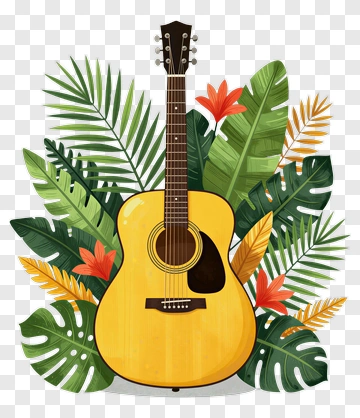 Acoustic Guitar Surrounded By Tropical Plants PNG