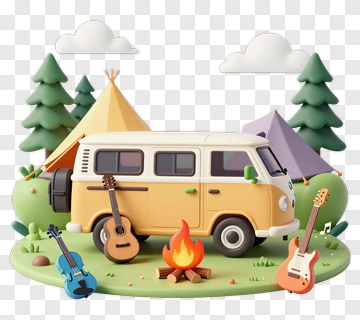 Campervan And Campfire With Musical Instruments PNG