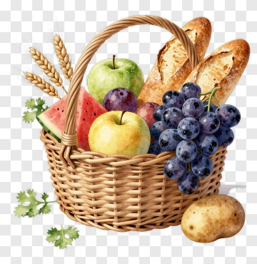 Basket Of Fresh Fruit And Bread PNG
