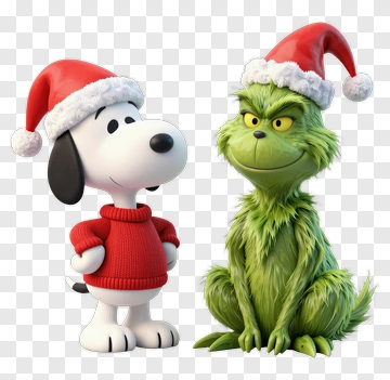 Snoopy And Grinch In Christmas Hats PNG