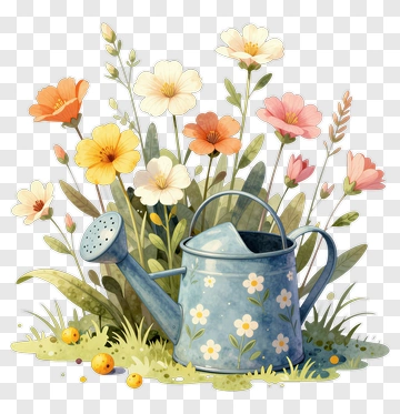Watering Can With Blooming Flowers PNG