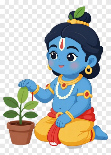 Blue Krishna Child With Potted Plant PNG