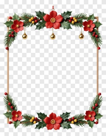 Christmas Garland With Poinsettias And Holly PNG