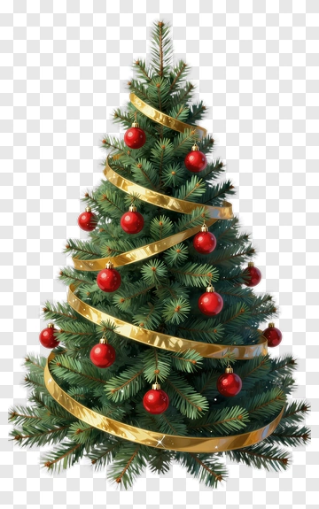 Decorated Christmas Tree With Red Ornaments And Gold Ribbon PNG