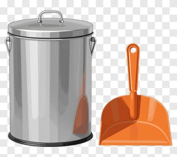Silver Trash Can With Orange Dustpan PNG