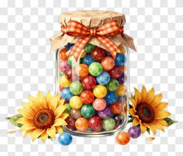 Glass Jar Of Colorful Gumballs With Sunflowers PNG