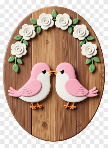 Pink Birds With White Roses On Wooden Plaque PNG
