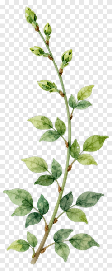Watercolor Plant Branch With Leaves And Buds PNG
