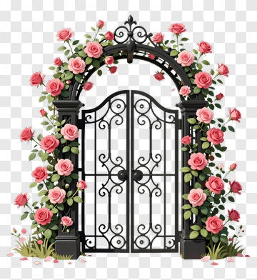 Black Iron Gate With Pink Roses PNG