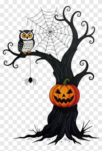 Owl On Spooky Tree With Pumpkin PNG