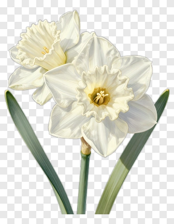 White Daffodil With Green Leaves PNG