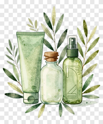 Green Skincare Products With Olive Leaves PNG